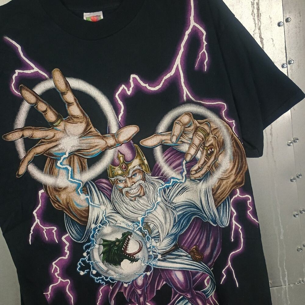American Thunder Wizard Lightning AOP Vintage 90s USA Dragon Shirt XL Grunge